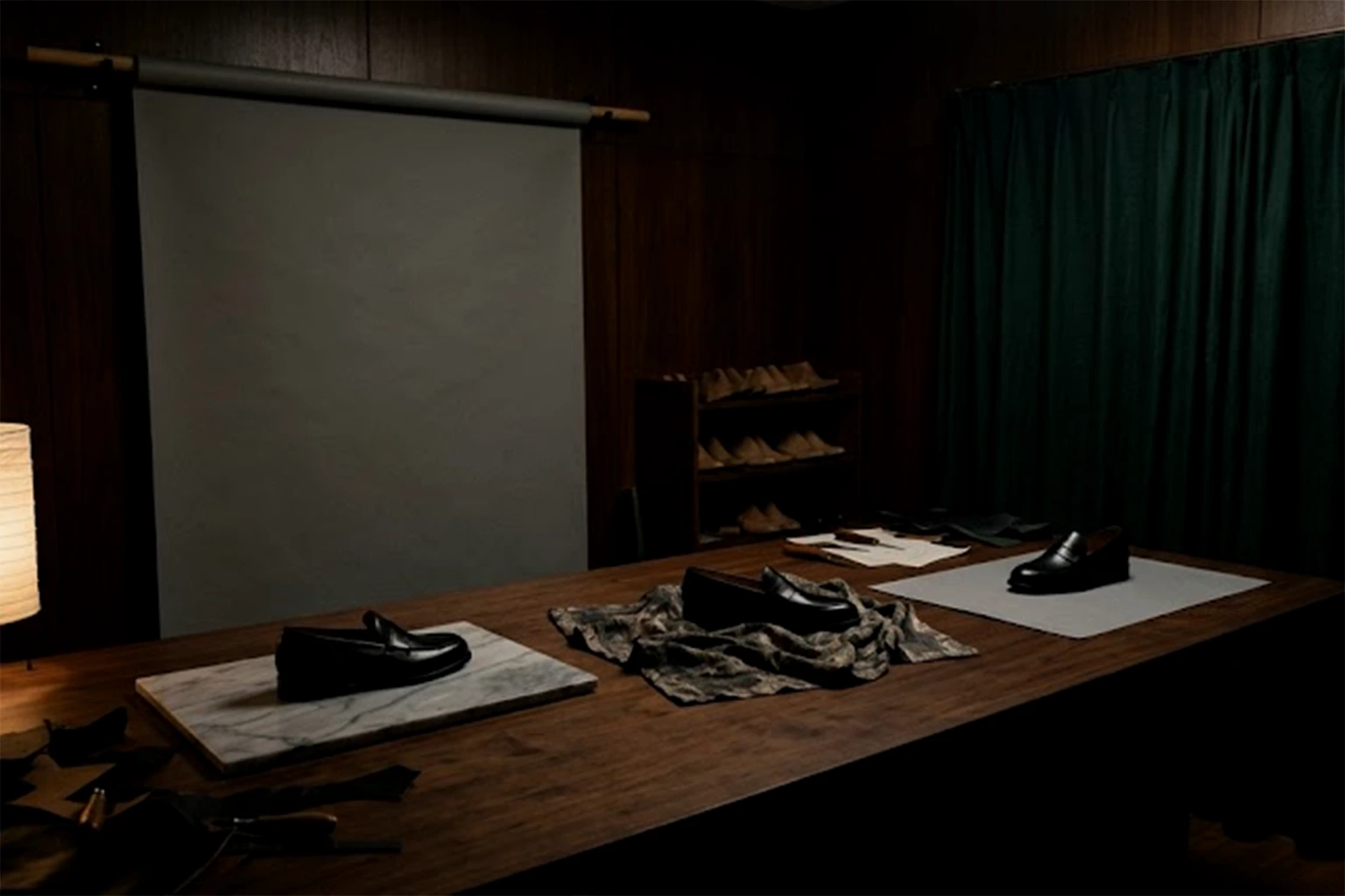 Three loafers on a long wooden table, each set on a different surface: marble, a patterned cloth and plain paper