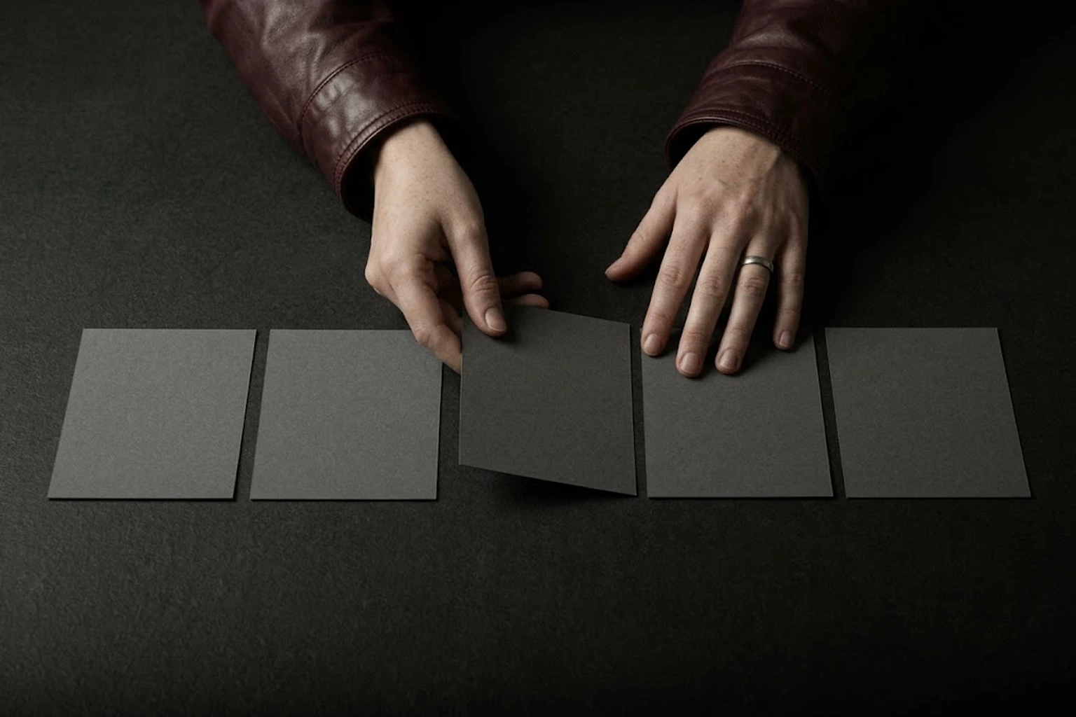 Two hands arranging black cards
