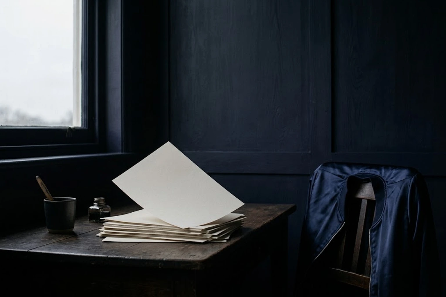 A stack of white paper on a desk by a window