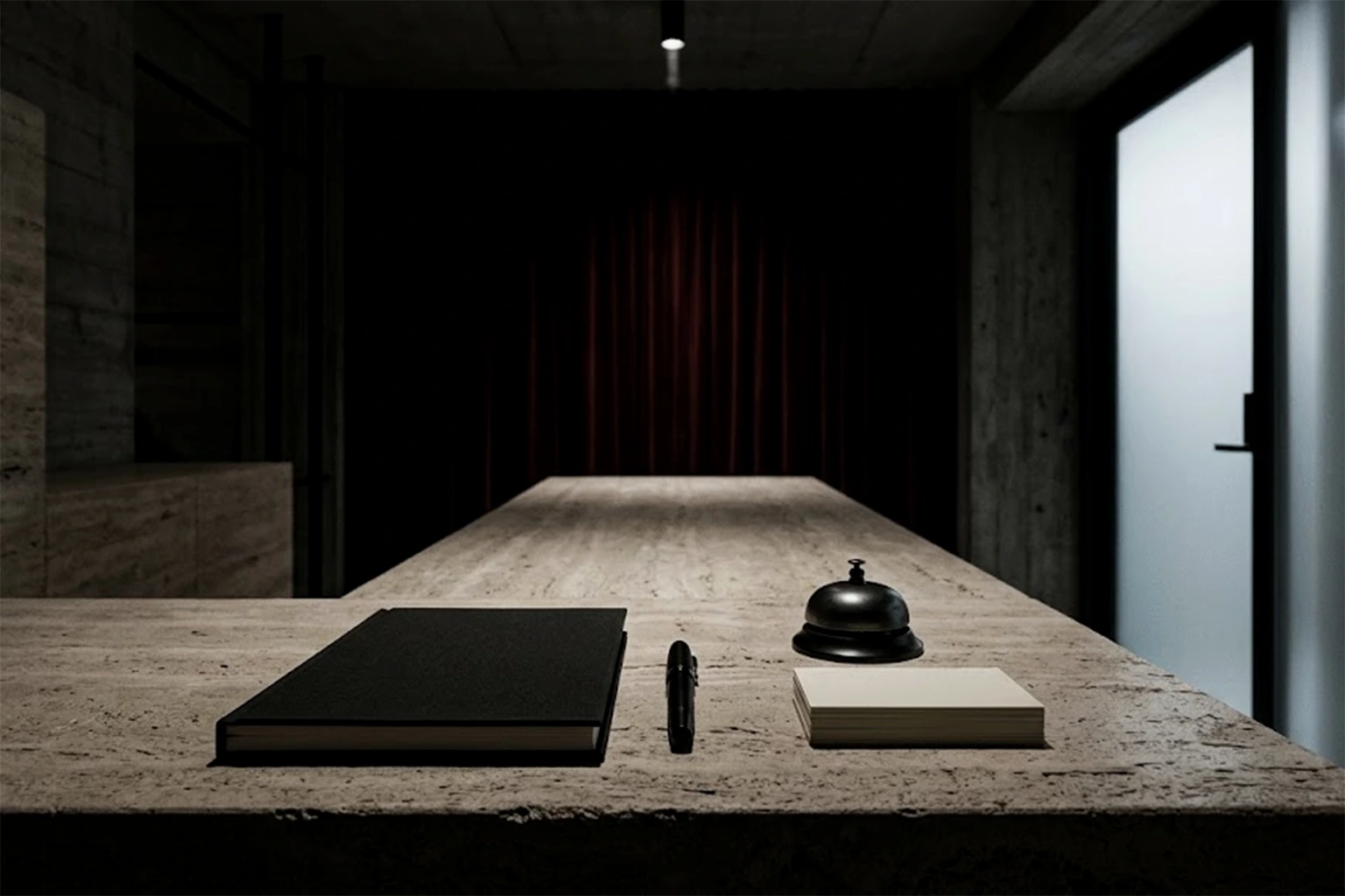 A travertine reception counter set in order: a black clothbound ledger, a fountain pen, a black desk bell and a stack of blank cards, an oxblood curtain beyond