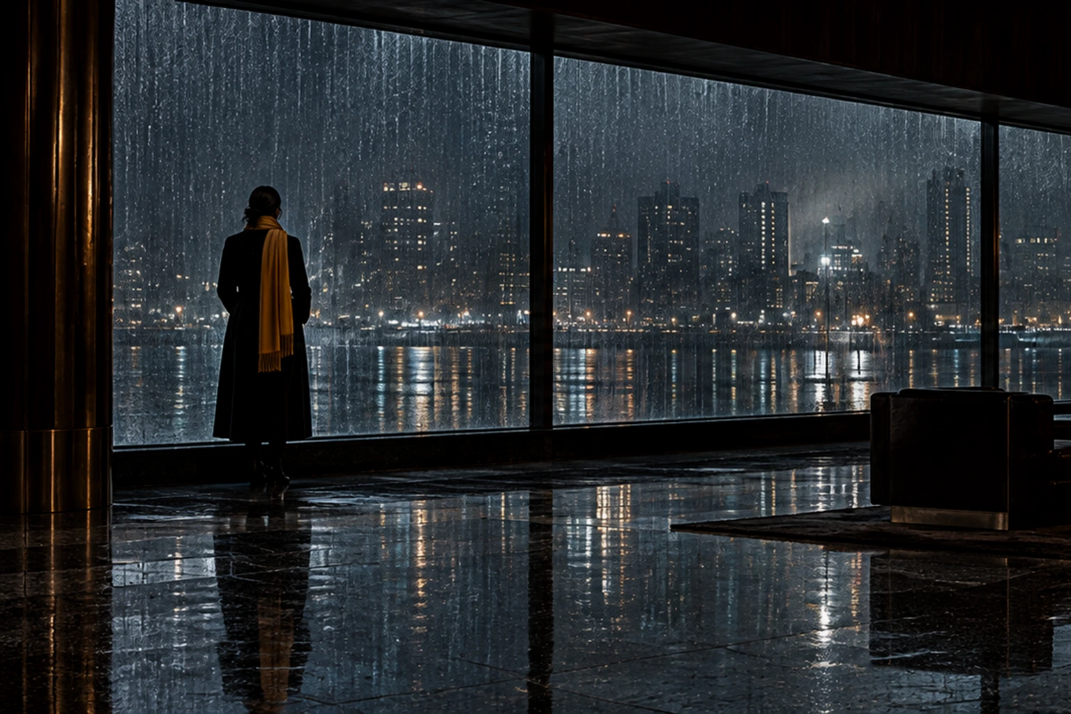 A very wide shot of a long rain-streaked window, a small figure in a black coat standing at its far left end, seen from behind