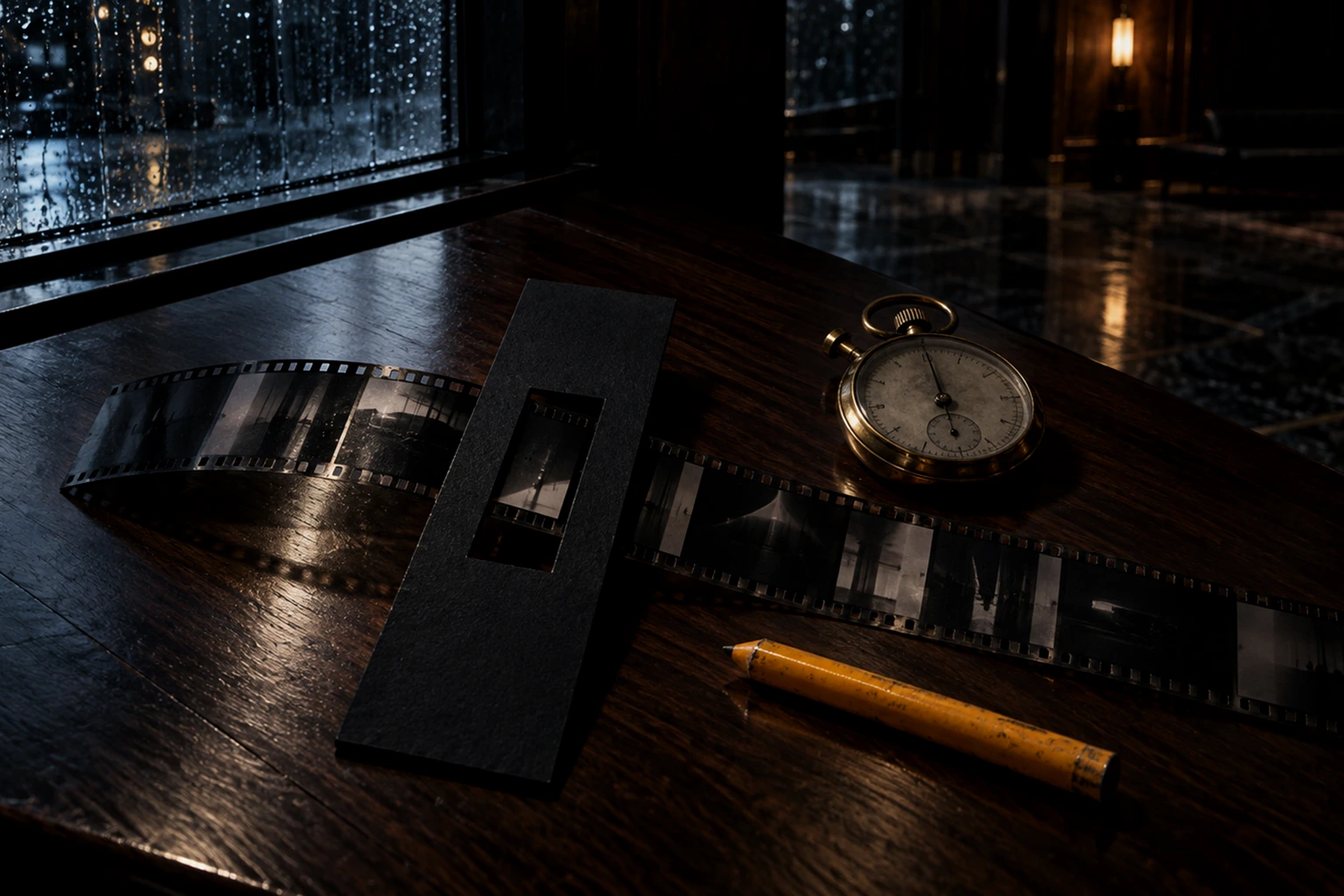 A still life on a walnut desk: a strip of 35mm film, a black card mask with an upright window cut in it, a brass stopwatch and a saffron grease pencil