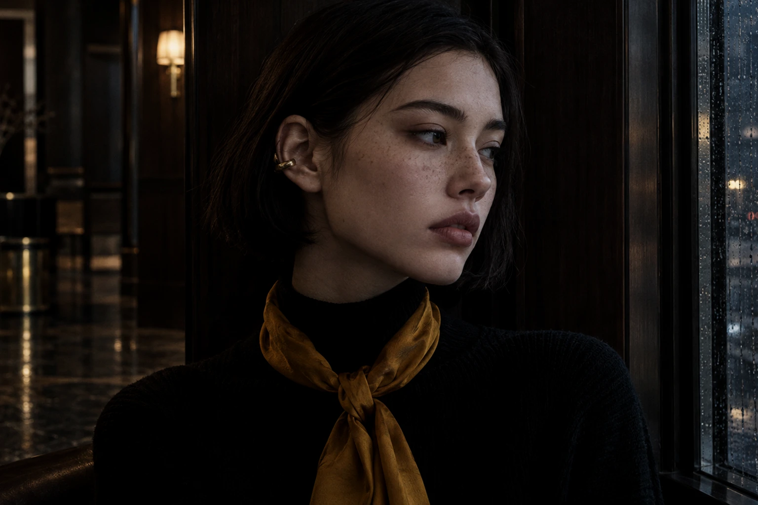 A close crop composed for an upright frame: a woman in profile in a black high-neck knit, a saffron scarf knotted at the throat