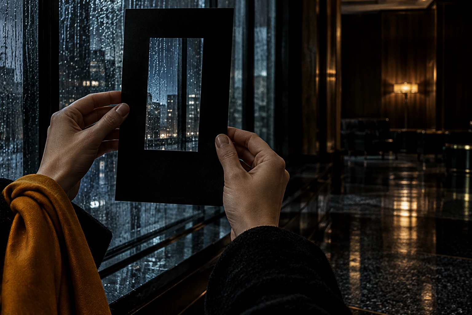 Hands raising a black card mask with an upright window against the rainy glass, testing a vertical frame