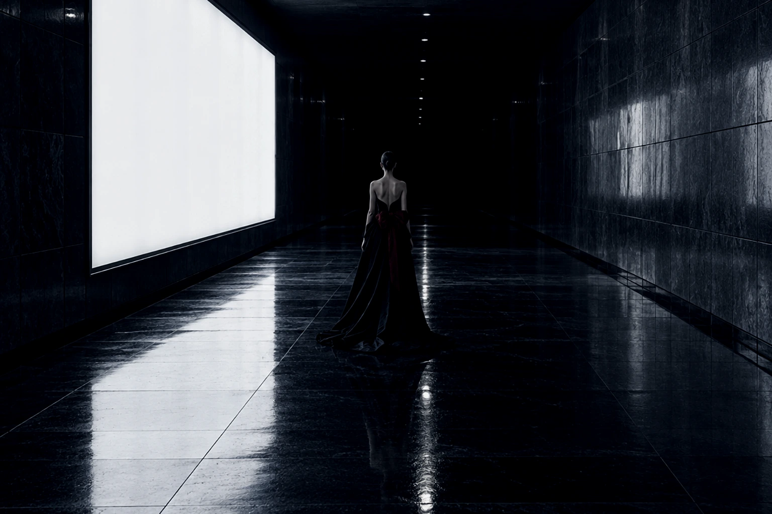 A wide shot down a long underground passage: a woman in a black gown with a train walks away past a glowing lightbox, the stone floor holding its reflection