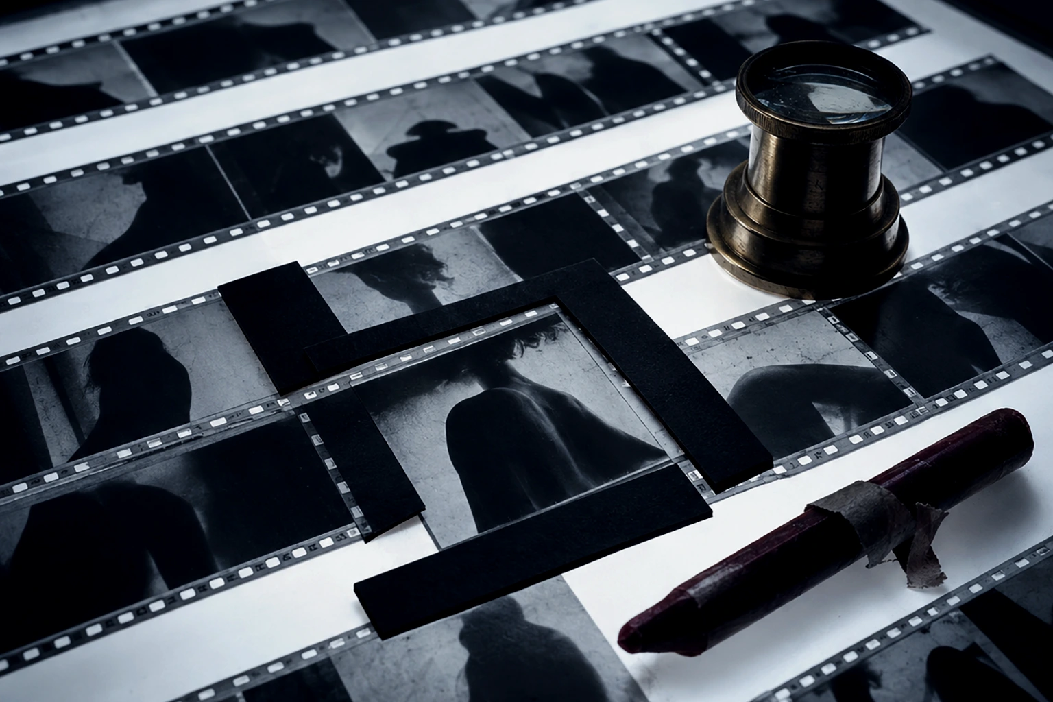 A still life of deciding the crop: film negatives, L-shaped cropping frames, a brass loupe and an oxblood grease pencil on a glowing light table