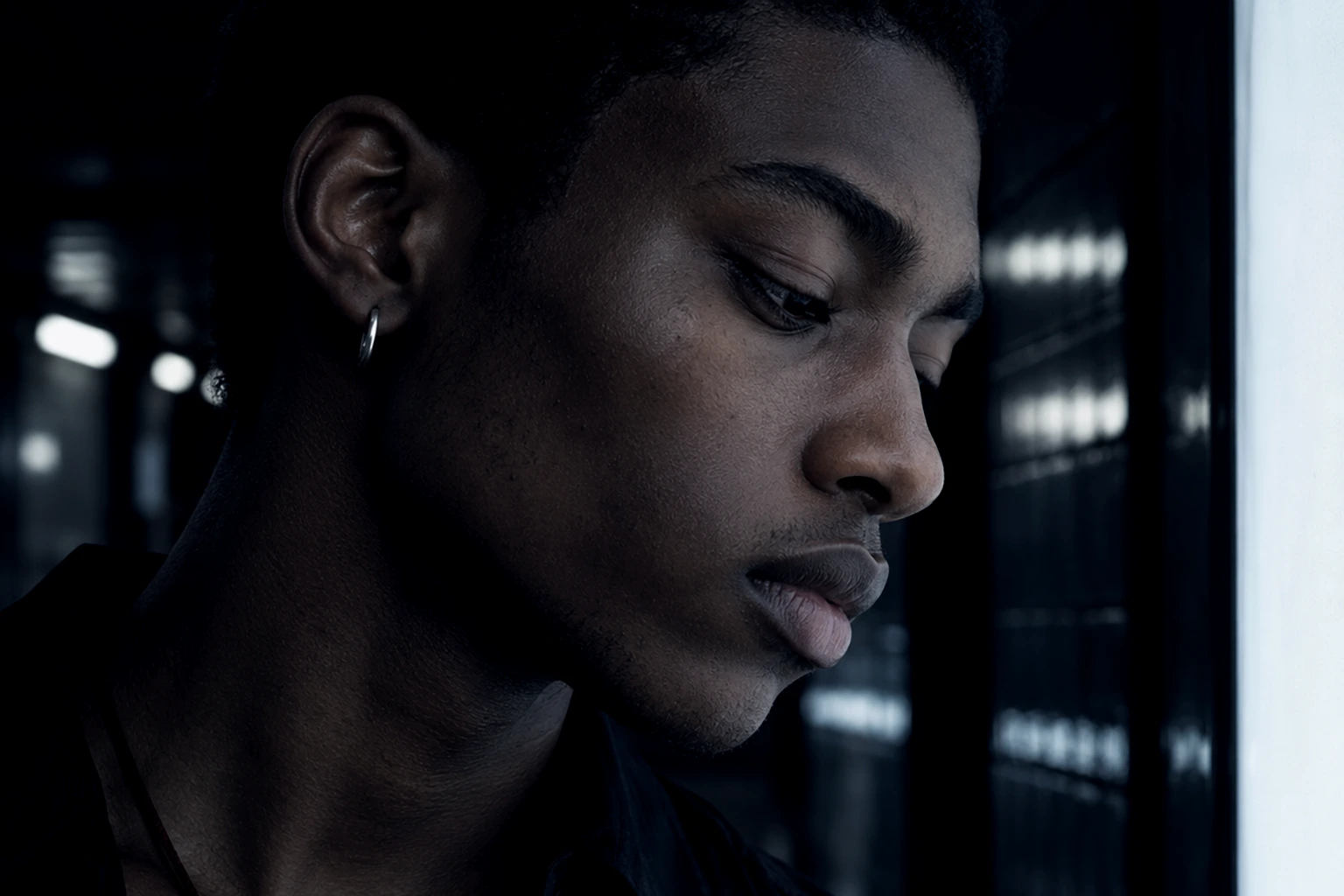 A close crop of a man in profile lit by the cold glow of a lightbox, in a sheer black organza shirt and a thin oxblood cord necklace