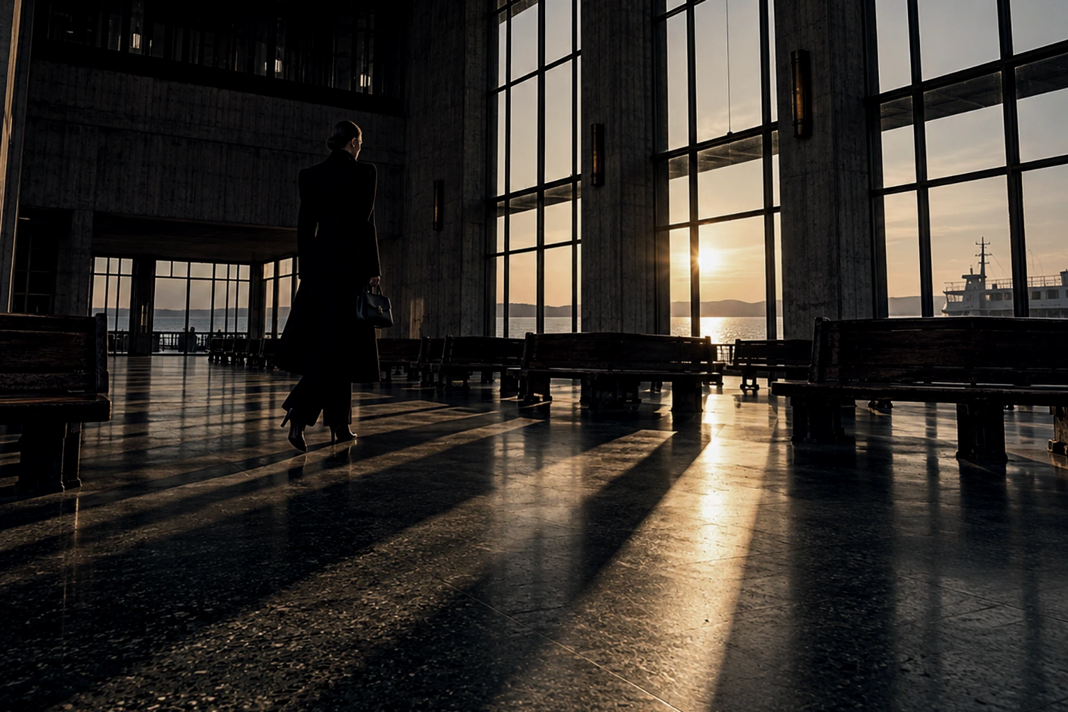 A lookbook wide shot: a woman in a long black double-breasted coat crosses a ferry-terminal waiting hall striped with low sunset light