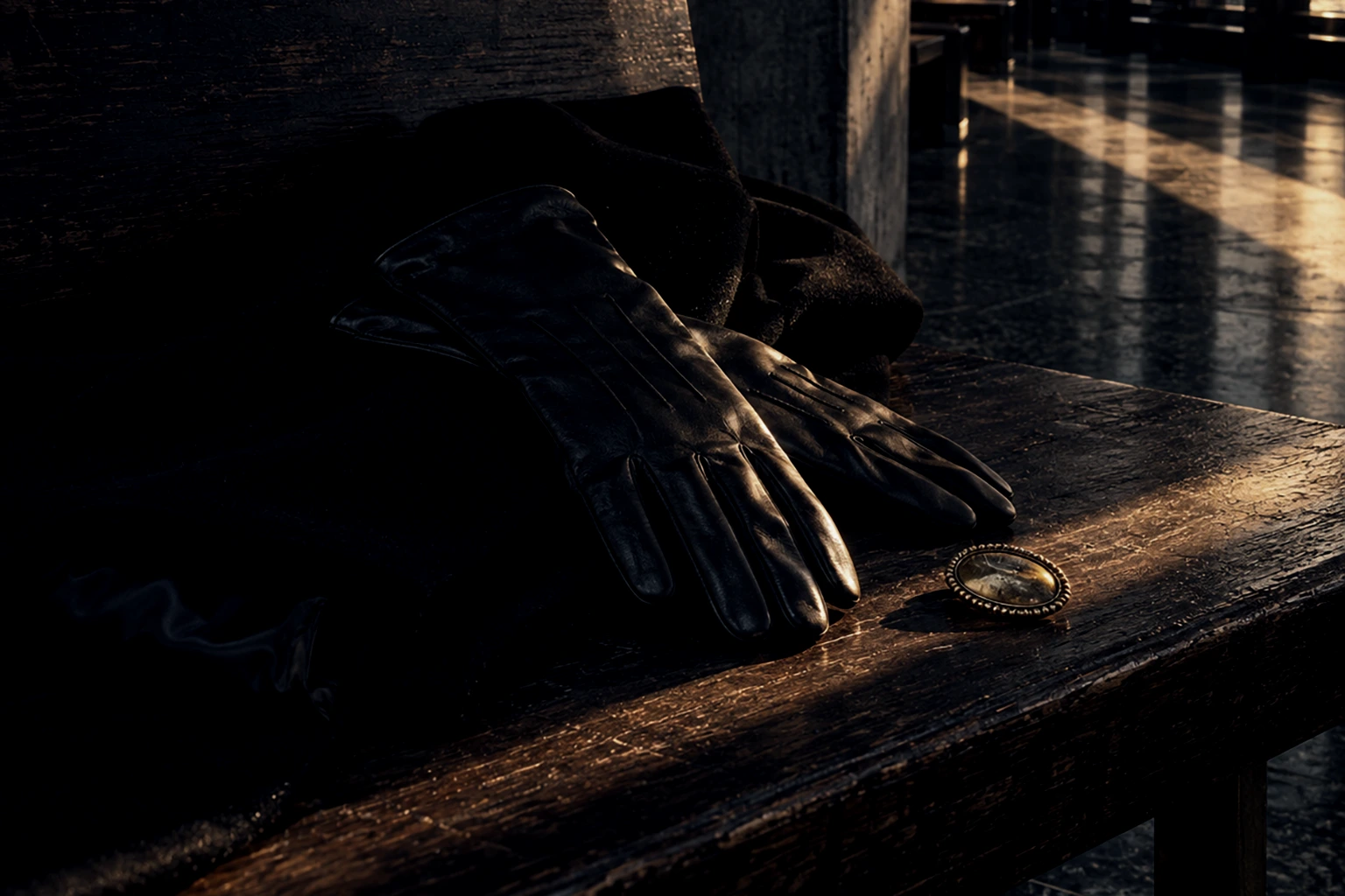 A still life with no garment worn: a folded black wool coat, leather gloves and a dusty-gold brooch on a waiting-room bench in one stripe of sun