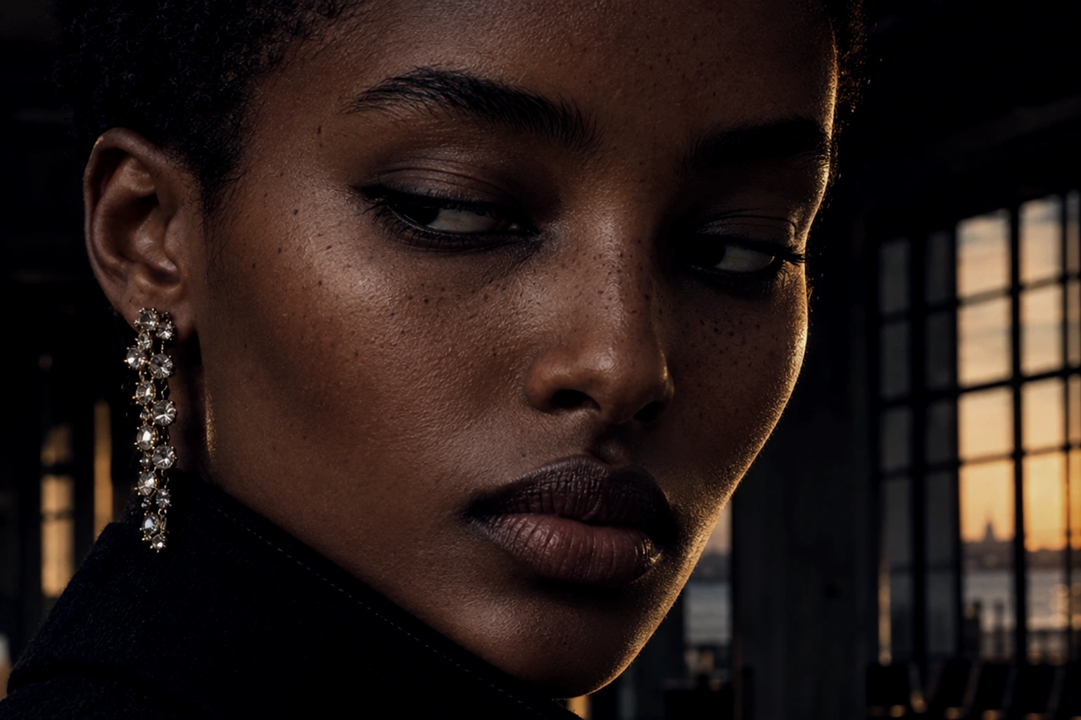 A close crop of a woman turning back over her shoulder in a high black collar, a long diamond earring catching one glint of sunset