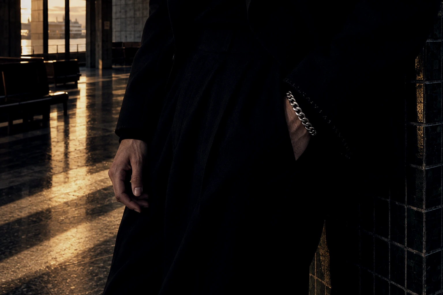 In a men's lookbook, a hand sliding into the pocket of black wide trousers, the cloth sinking, shoulder resting on a tiled pillar